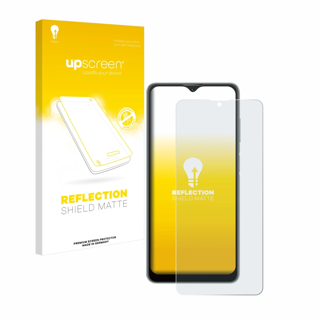 Parte frontal de un envase de producto con el logotipo de la marca upscreen. Al lado se muestra el dispositivo Blackview A53 c