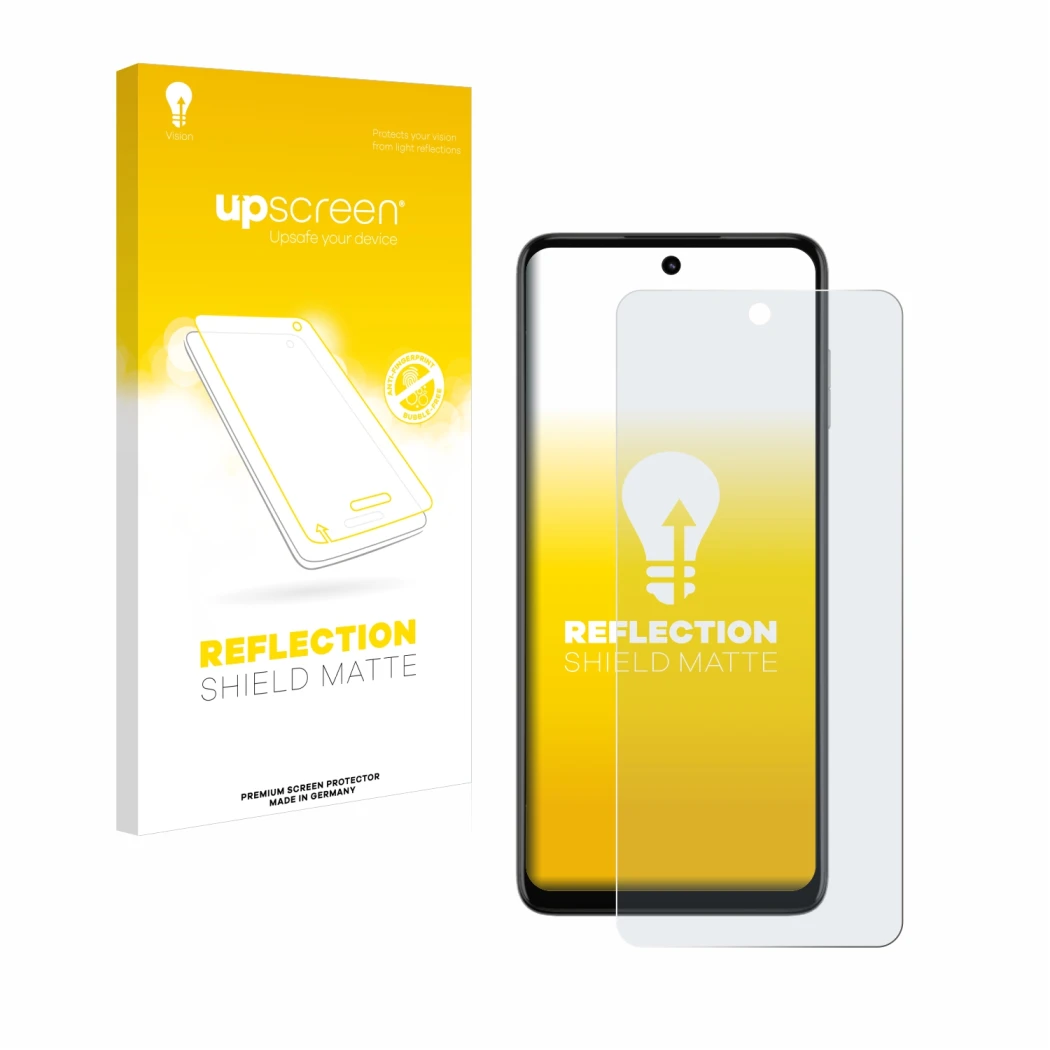 Parte frontal de un envase de producto con el logotipo de la marca upscreen. Al lado se muestra el dispositivo Motorola Moto G