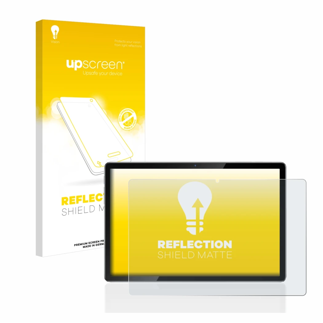 Parte frontal de un envase de producto con el logotipo de la marca upscreen. Al lado se muestra el dispositivo Blackview Tab 1