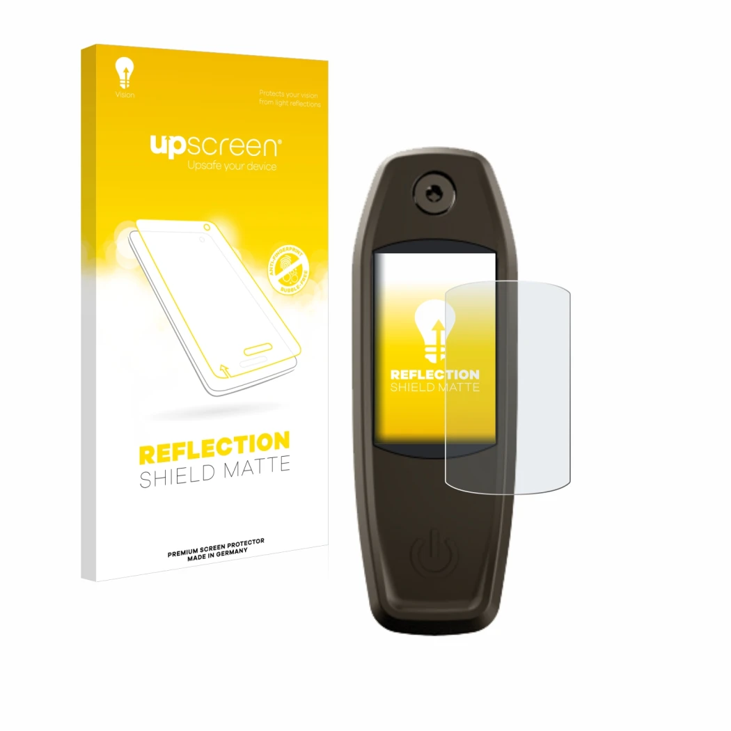Parte frontal de un envase de producto con el logotipo de la marca upscreen. Al lado se muestra el dispositivo Specialized Mas