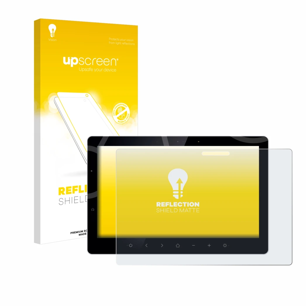 Parte frontal de un envase de producto con el logotipo de la marca upscreen. Al lado se muestra el dispositivo Bewatec .Tablet