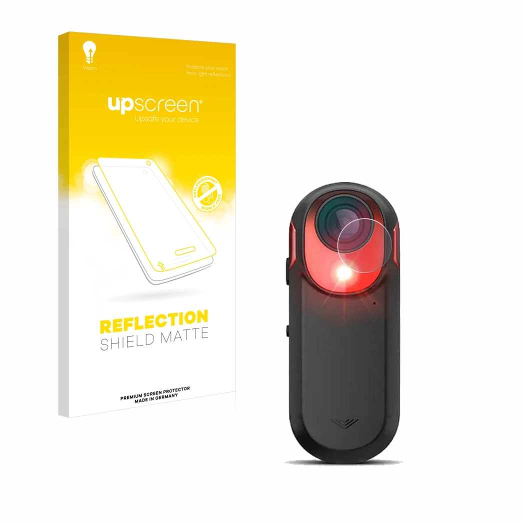 Parte frontal de un envase de producto con el logotipo de la marca upscreen. Al lado se muestra el dispositivo Garmin Varia RC