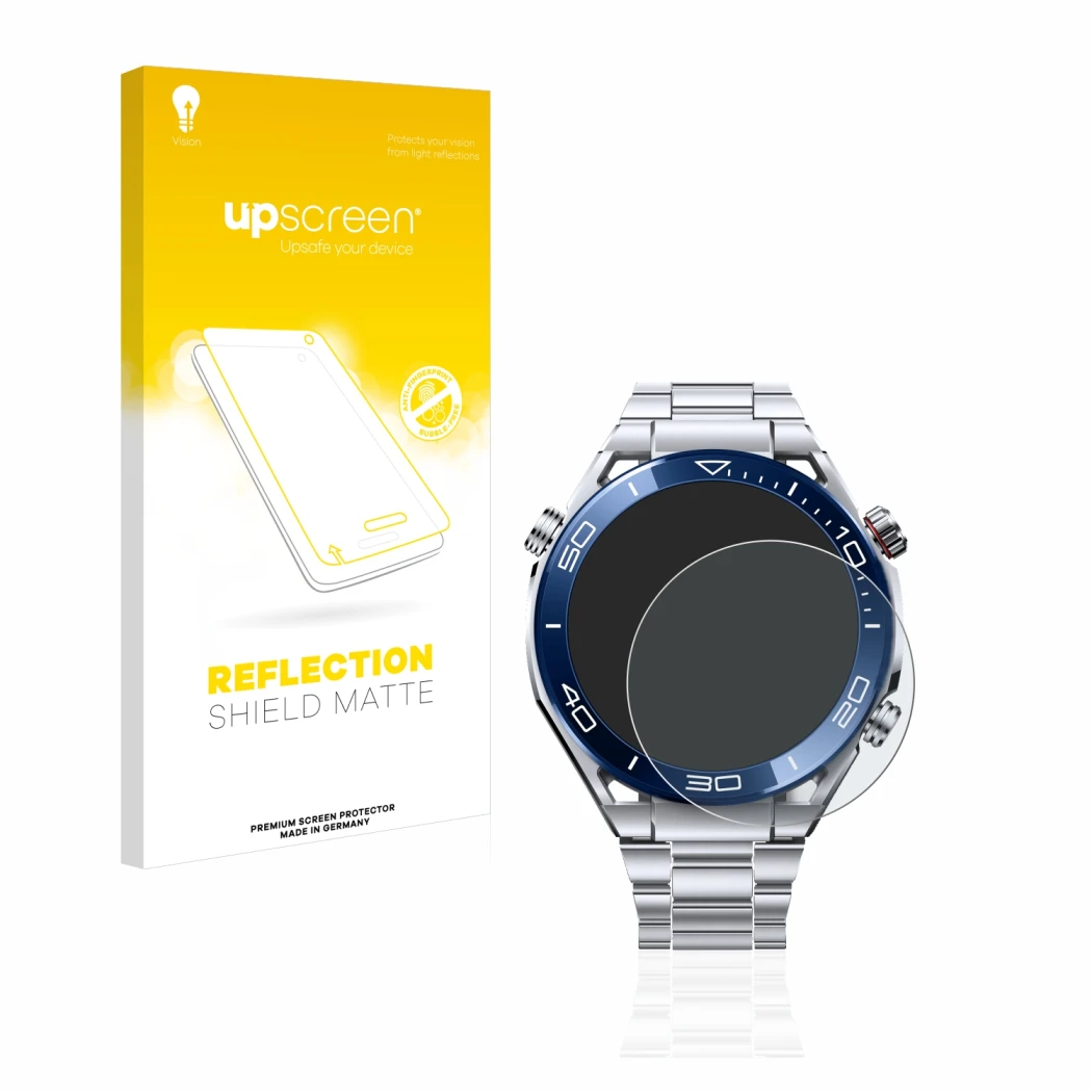 Parte frontal de un envase de producto con el logotipo de la marca upscreen. Al lado se muestra el dispositivo Huawei Watch Ul