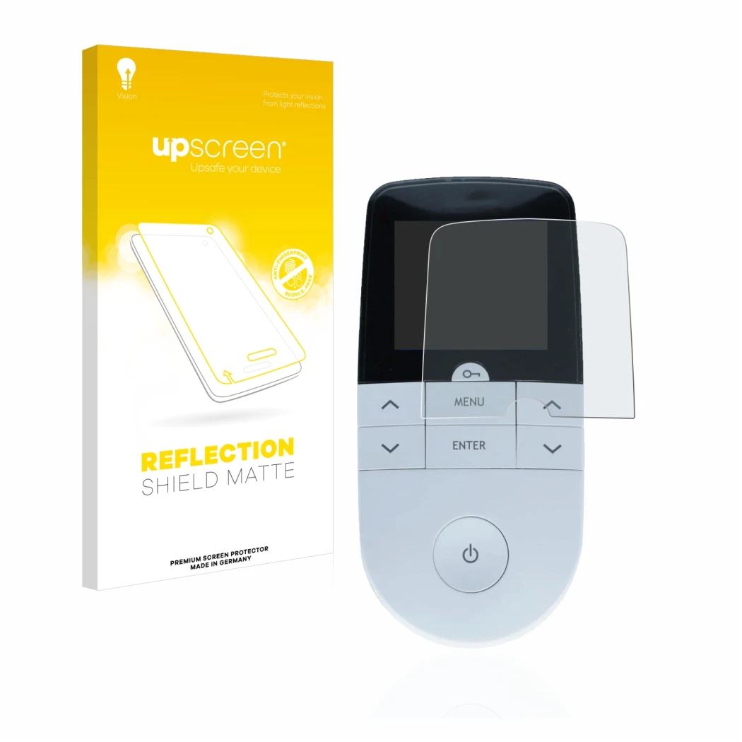 Parte frontal de un envase de producto con el logotipo de la marca upscreen. Al lado se muestra el dispositivo Beurer EM 49 Di