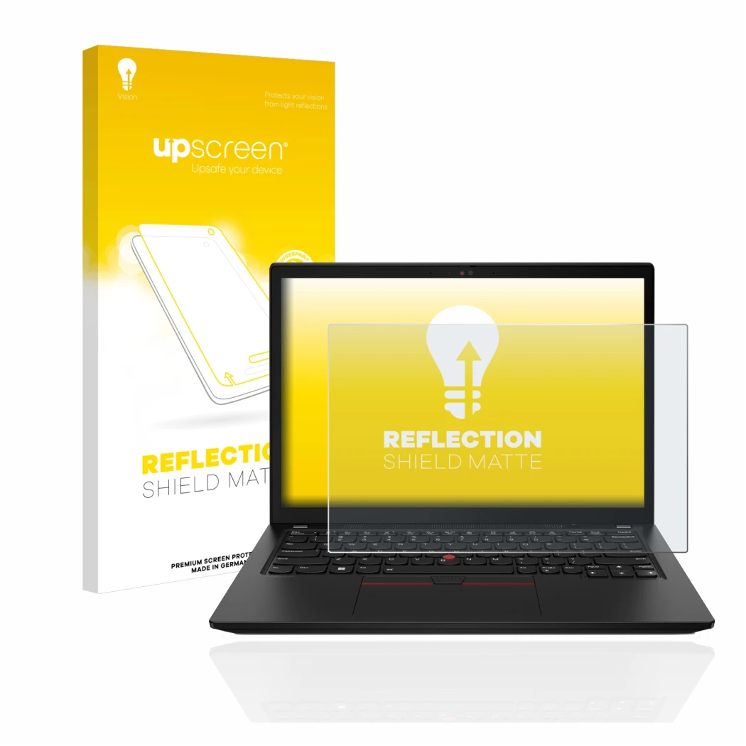 Parte frontal de un envase de producto con el logotipo de la marca upscreen. Al lado se muestra el dispositivo Lenovo ThinkPad