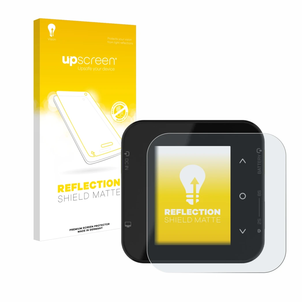 Parte frontal de un envase de producto con el logotipo de la marca upscreen. Al lado se muestra el dispositivo ISDT Air8 con s