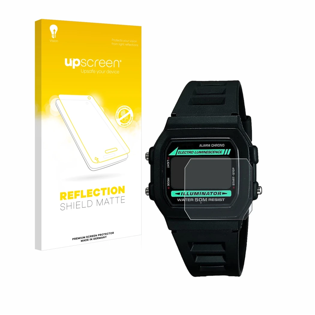 Parte frontal de un envase de producto con el logotipo de la marca upscreen. Al lado se muestra el dispositivo Casio W-86-1VQE