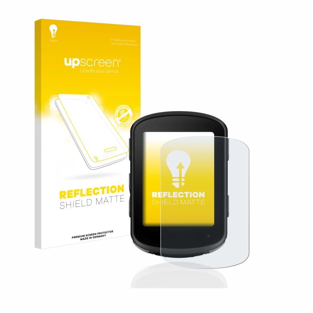 Parte frontal de un envase de producto con el logotipo de la marca upscreen. Al lado se muestra el dispositivo Garmin Edge 540