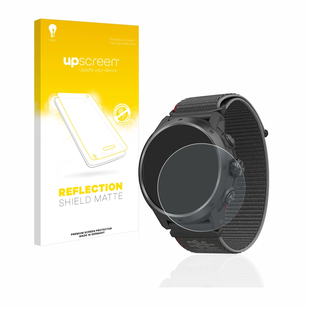 Parte frontal de un envase de producto con el logotipo de la marca upscreen. Al lado se muestra el dispositivo Coros Apex 2 Pr