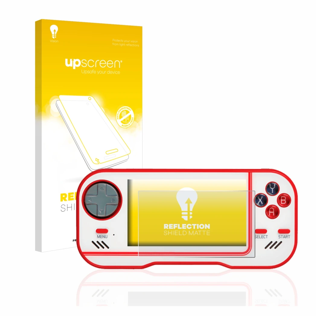 Parte frontal de un envase de producto con el logotipo de la marca upscreen. Al lado se muestra el dispositivo Blaze Evercade