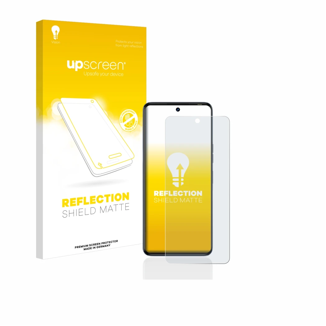 Parte frontal de un envase de producto con el logotipo de la marca upscreen. Al lado se muestra el dispositivo Tecno Camon 20 