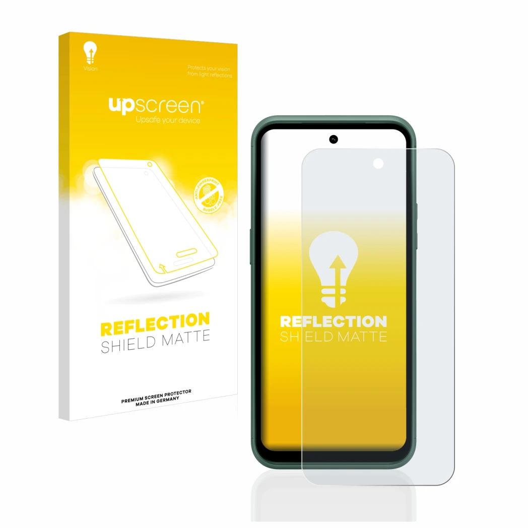 Parte frontal de un envase de producto con el logotipo de la marca upscreen. Al lado se muestra el dispositivo Nokia XR21 con