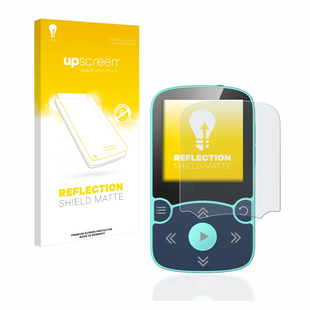 Parte frontal de un envase de producto con el logotipo de la marca upscreen. Al lado se muestra el dispositivo AGPtek A65X MP3
