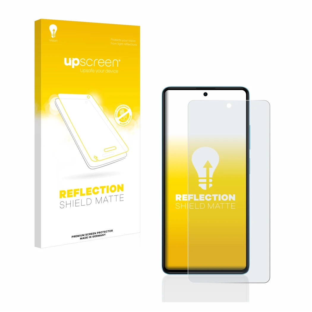 Parte frontal de un envase de producto con el logotipo de la marca upscreen. Al lado se muestra el dispositivo Xiaomi Poco F5