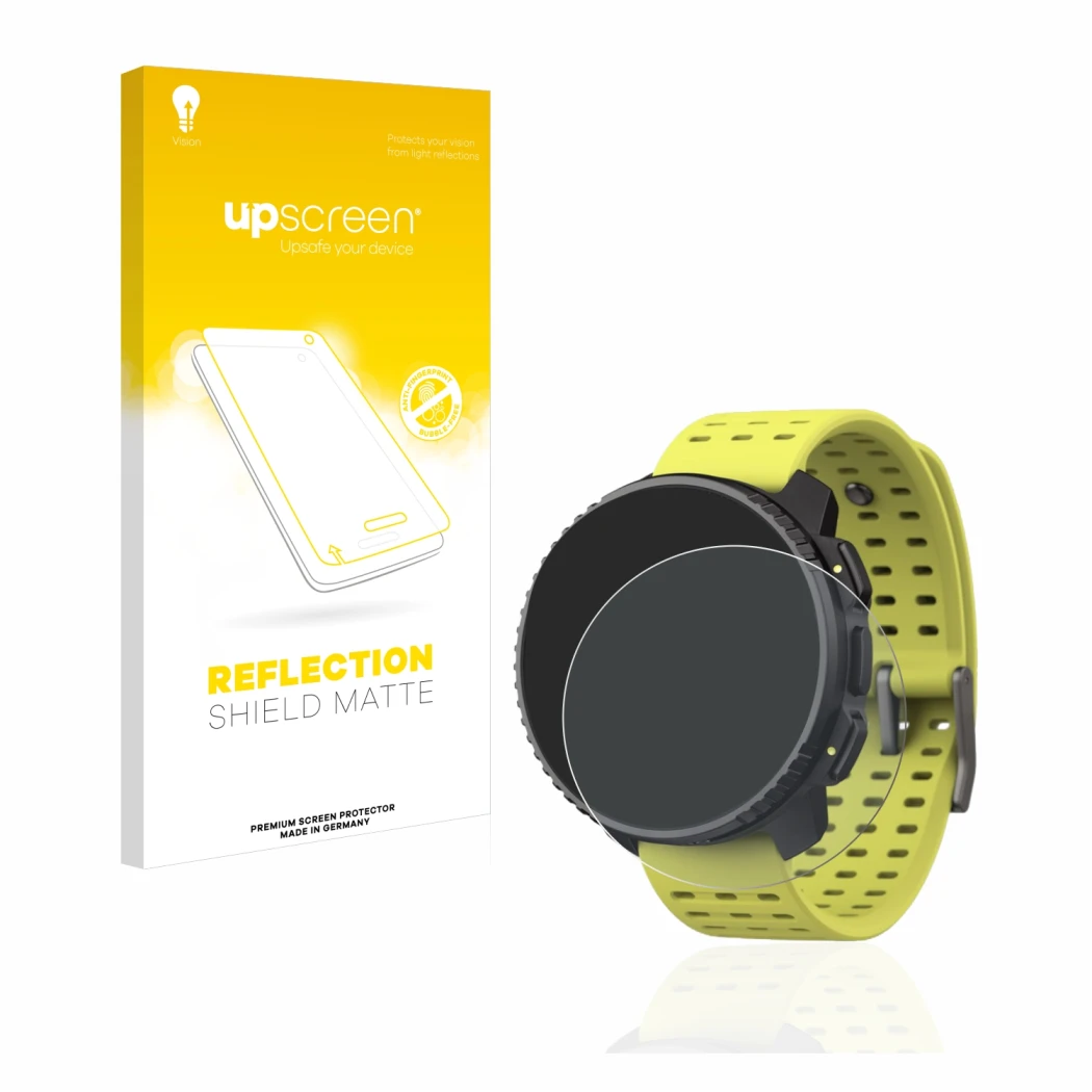 Parte frontal de un envase de producto con el logotipo de la marca upscreen. Al lado se muestra el dispositivo Suunto Vertical