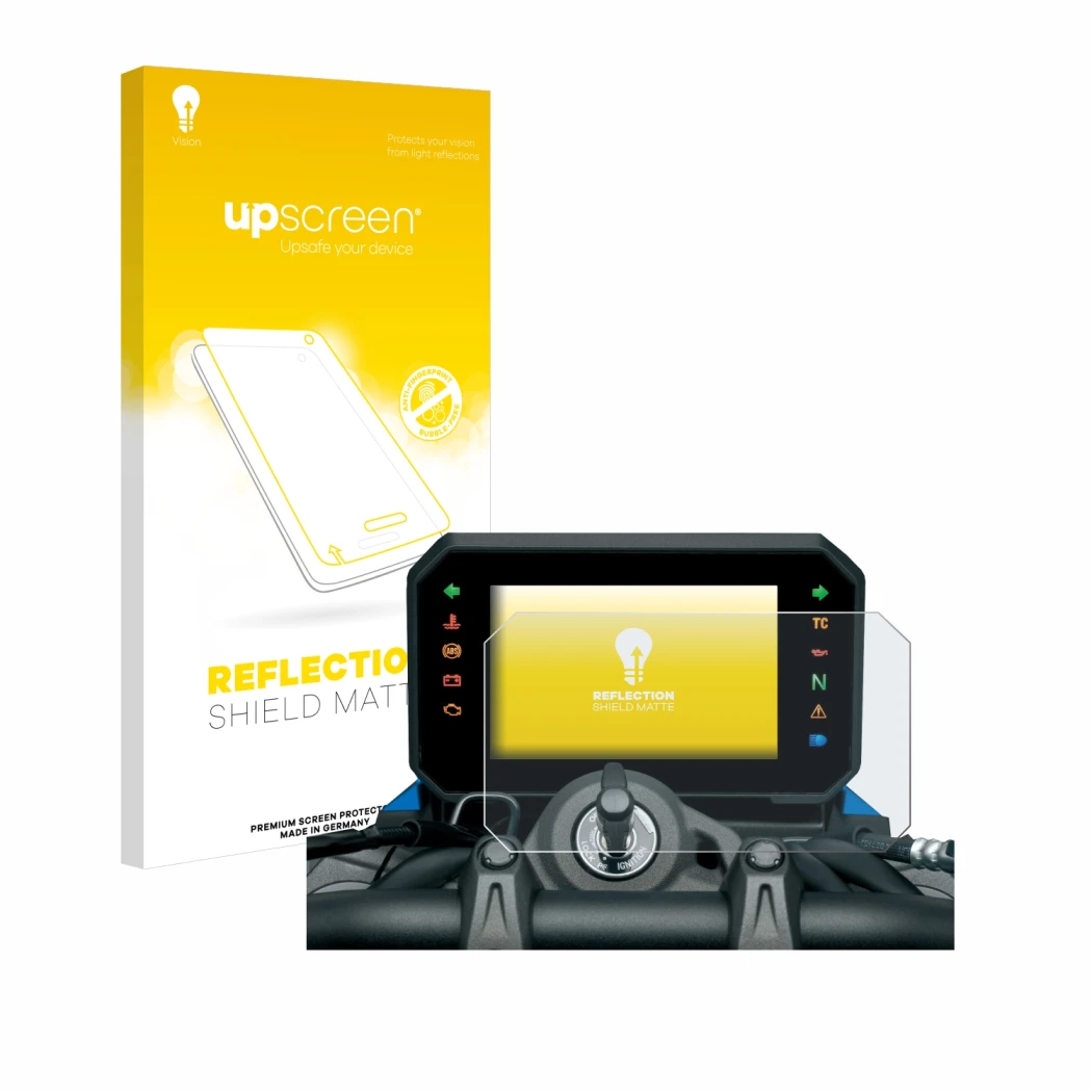 Parte frontal de un envase de producto con el logotipo de la marca upscreen. Al lado se muestra el dispositivo Suzuki GSX-8S 2