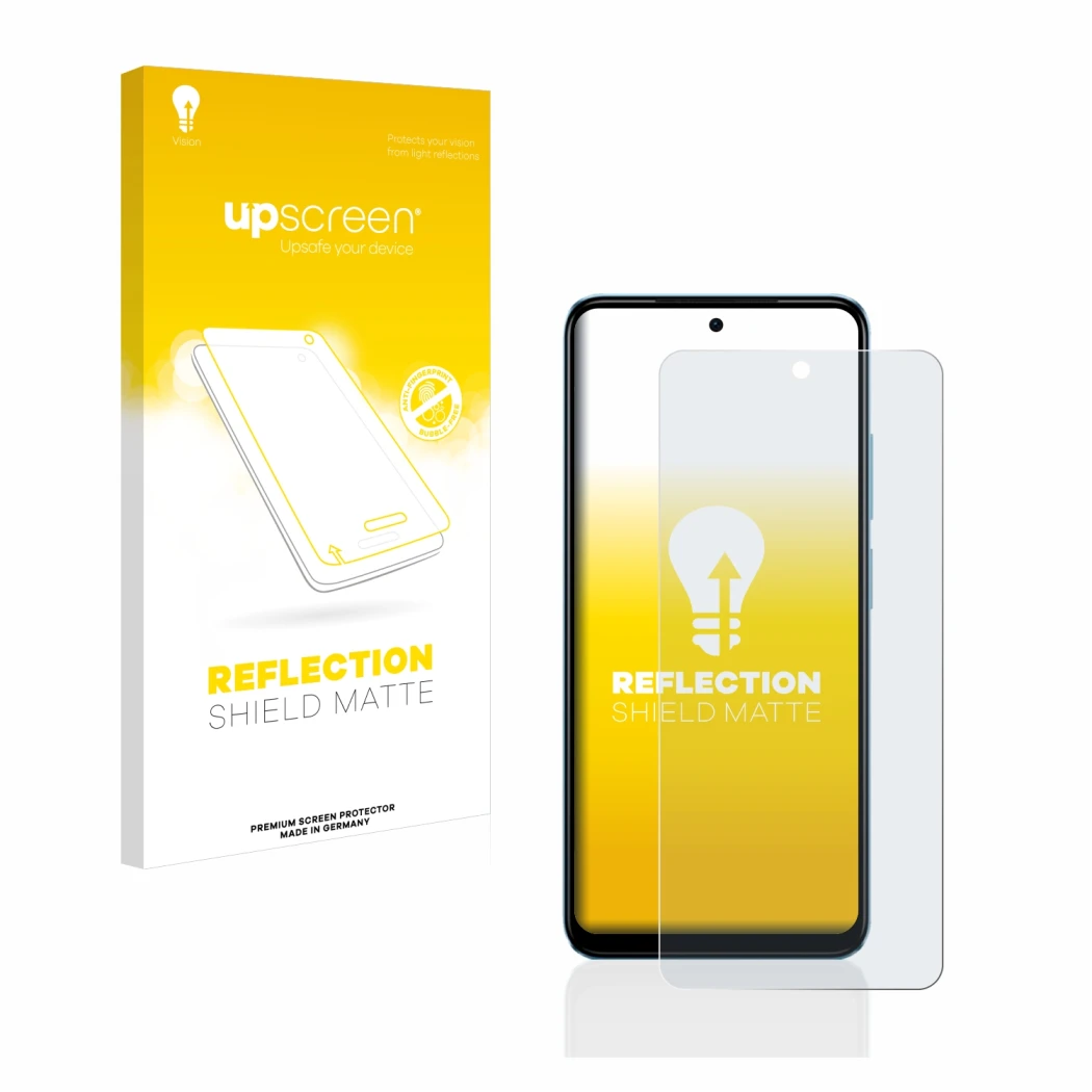 Parte frontal de un envase de producto con el logotipo de la marca upscreen. Al lado se muestra el dispositivo Xiaomi Redmi No