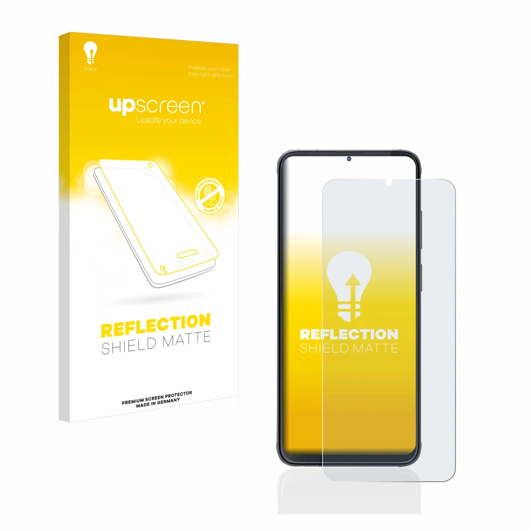 Parte frontal de un envase de producto con el logotipo de la marca upscreen. Al lado se muestra el dispositivo Cubot X70 con s