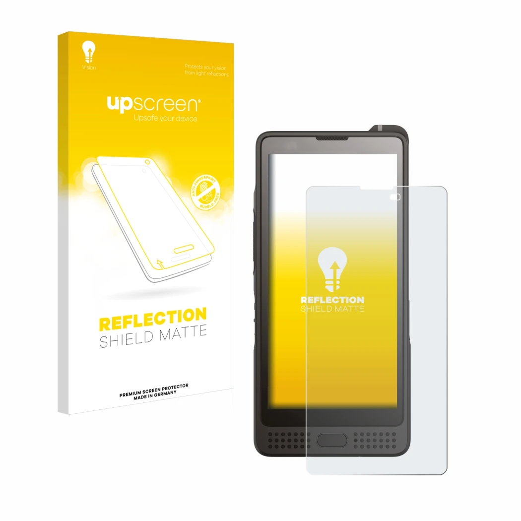 Parte frontal de un envase de producto con el logotipo de la marca upscreen. Al lado se muestra el dispositivo Sonim XP10 con 