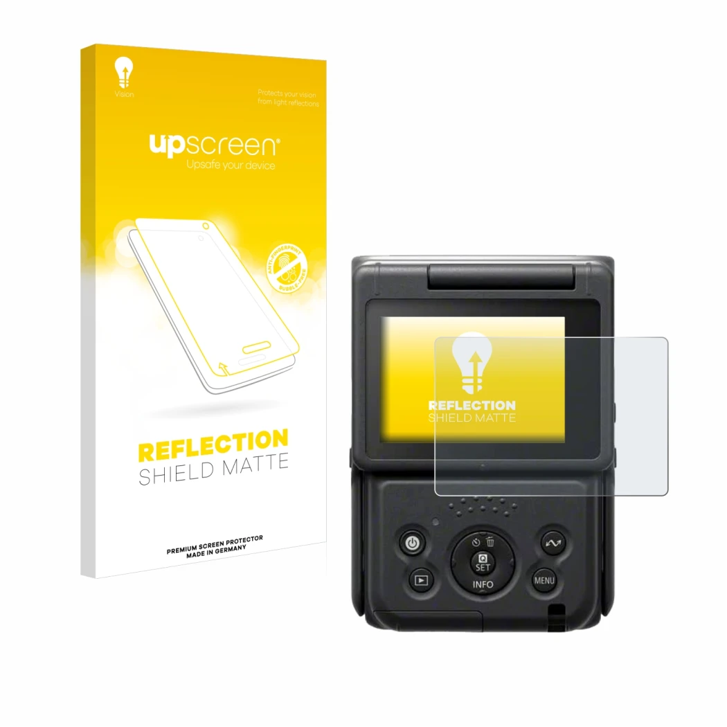 Parte frontal de un envase de producto con el logotipo de la marca upscreen. Al lado se muestra el dispositivo Canon PowerShot