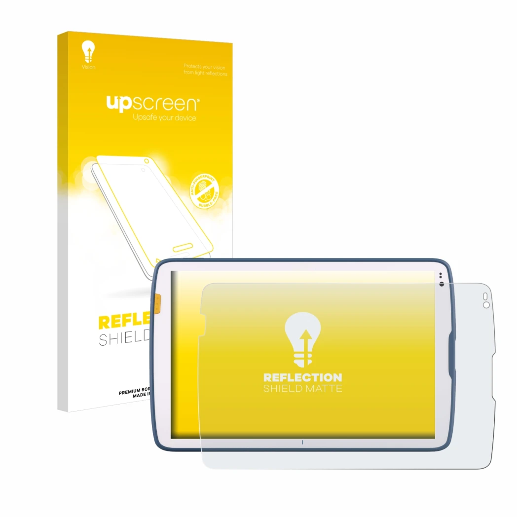 Parte frontal de un envase de producto con el logotipo de la marca upscreen. Al lado se muestra el dispositivo Zebra ET40 10.1