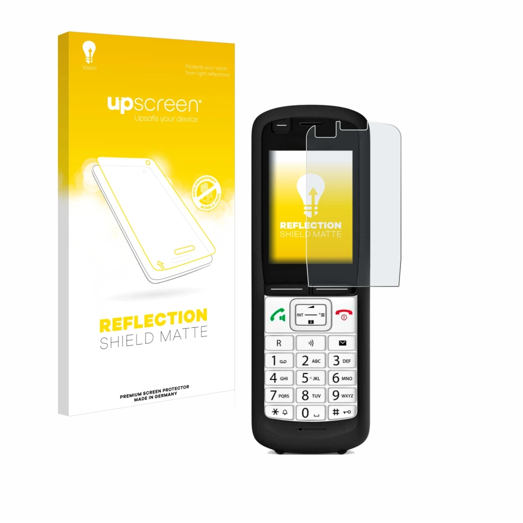 Parte frontal de un envase de producto con el logotipo de la marca upscreen. Al lado se muestra el dispositivo Unify OpenScape