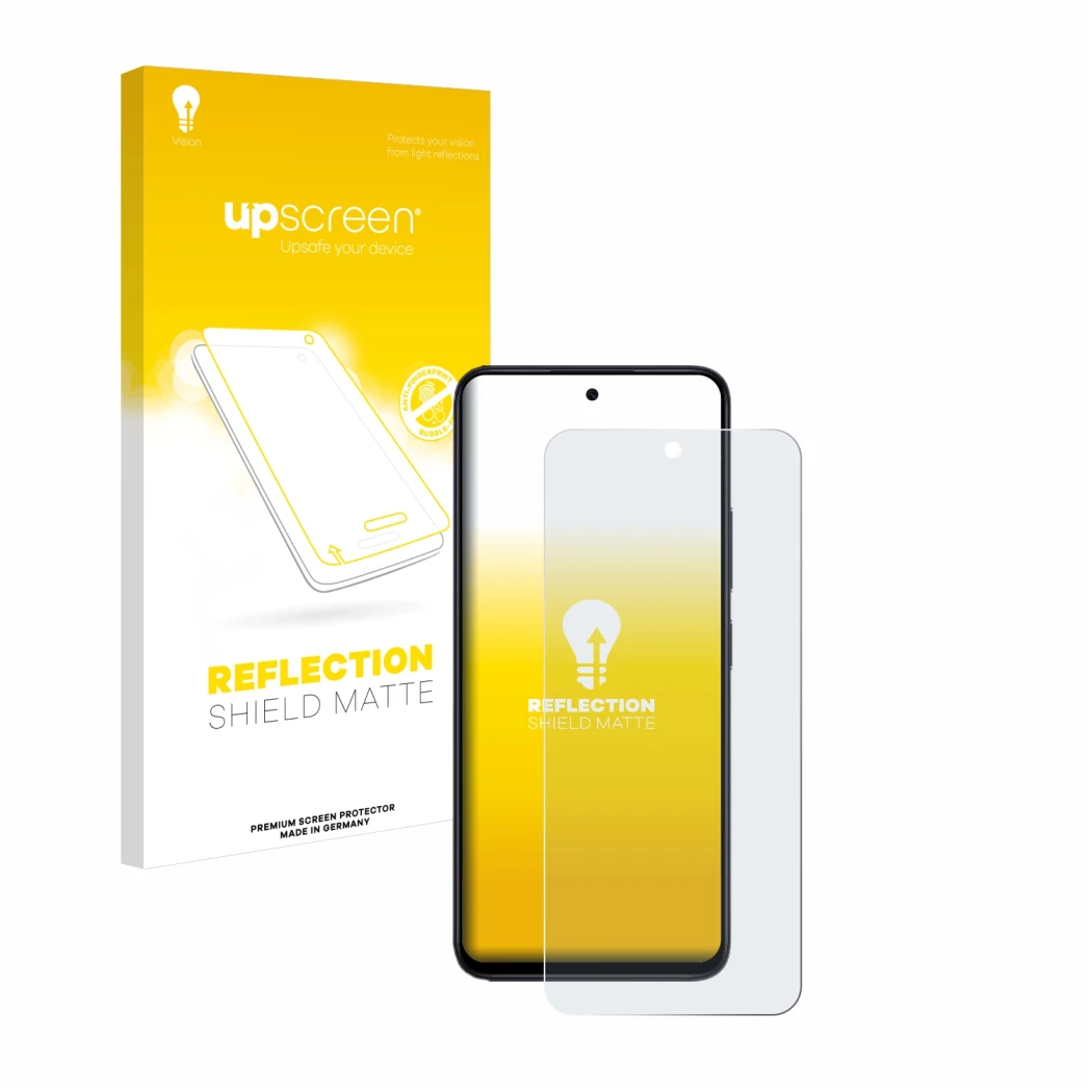 Parte frontal de un envase de producto con el logotipo de la marca upscreen. Al lado se muestra el dispositivo Xiaomi Redmi 12