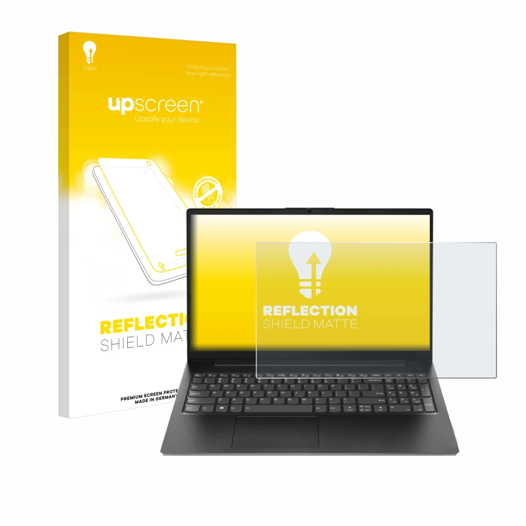 Parte frontal de un envase de producto con el logotipo de la marca upscreen. Al lado se muestra el dispositivo Lenovo V15 Gen 