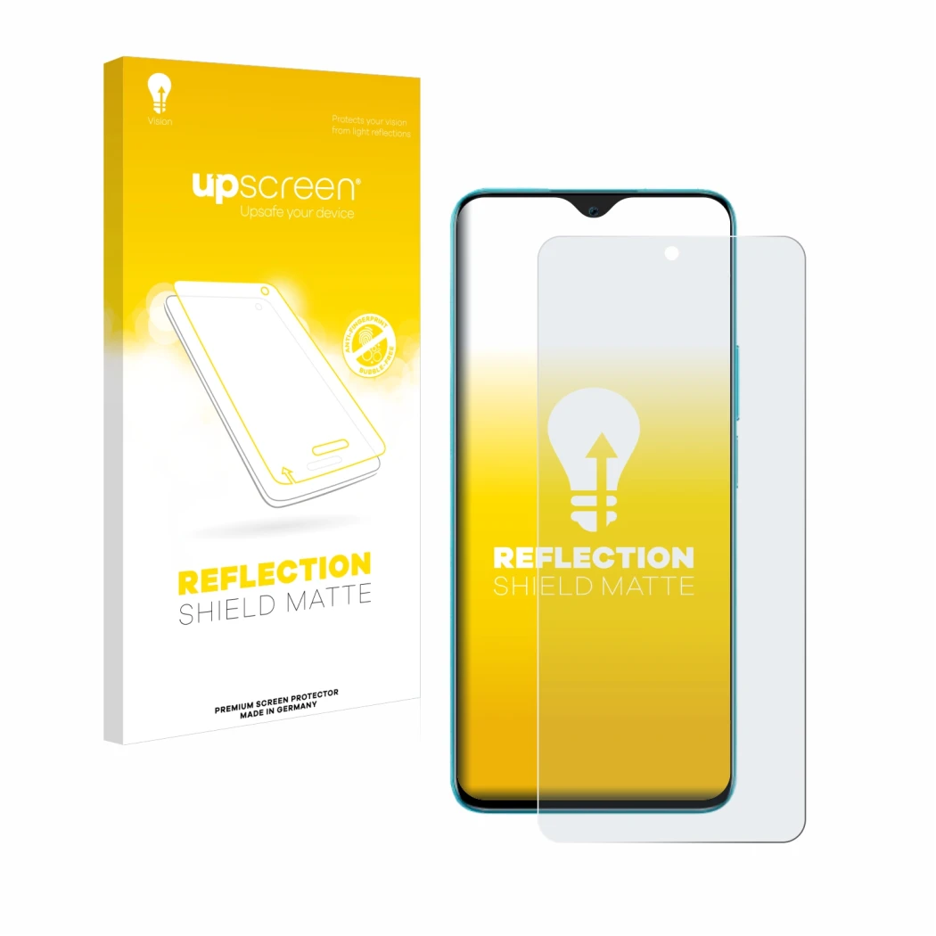 Parte frontal de un envase de producto con el logotipo de la marca upscreen. Al lado se muestra el dispositivo Honor 90 Lite c