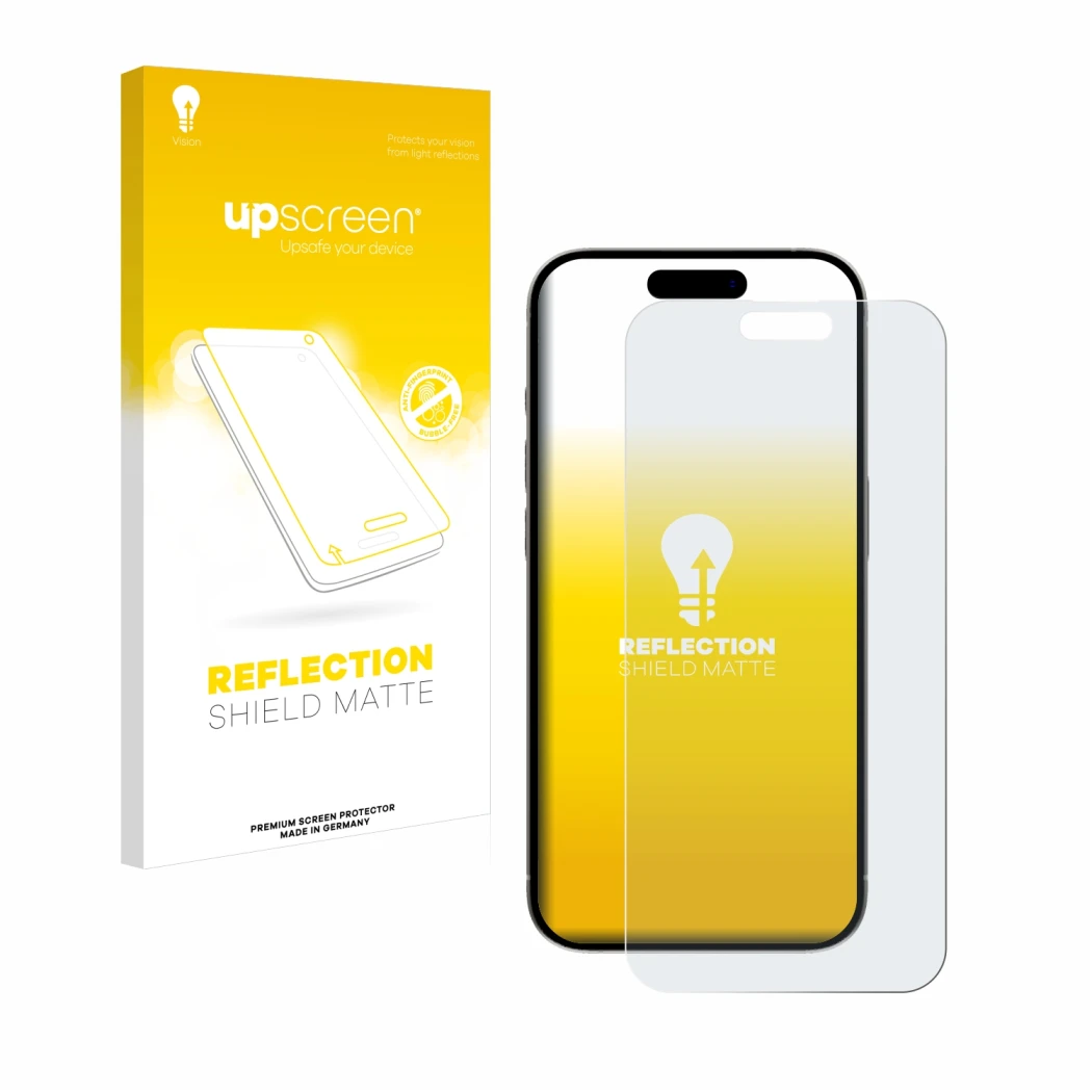 Parte frontal de un envase de producto con el logotipo de la marca upscreen. Al lado se muestra el dispositivo Apple iPhone 15