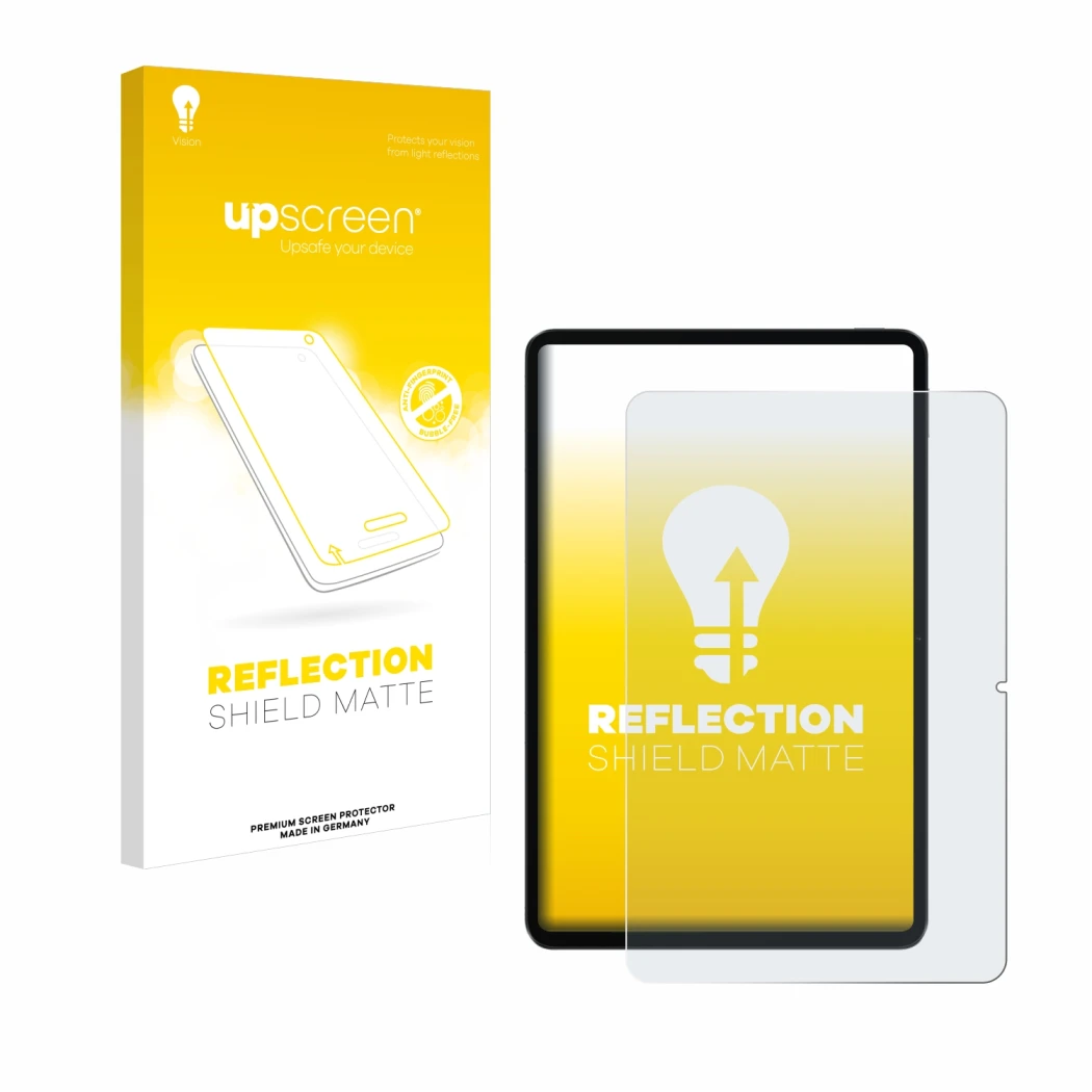 Parte frontal de un envase de producto con el logotipo de la marca upscreen. Al lado se muestra el dispositivo Xiaomi Pad 6 co