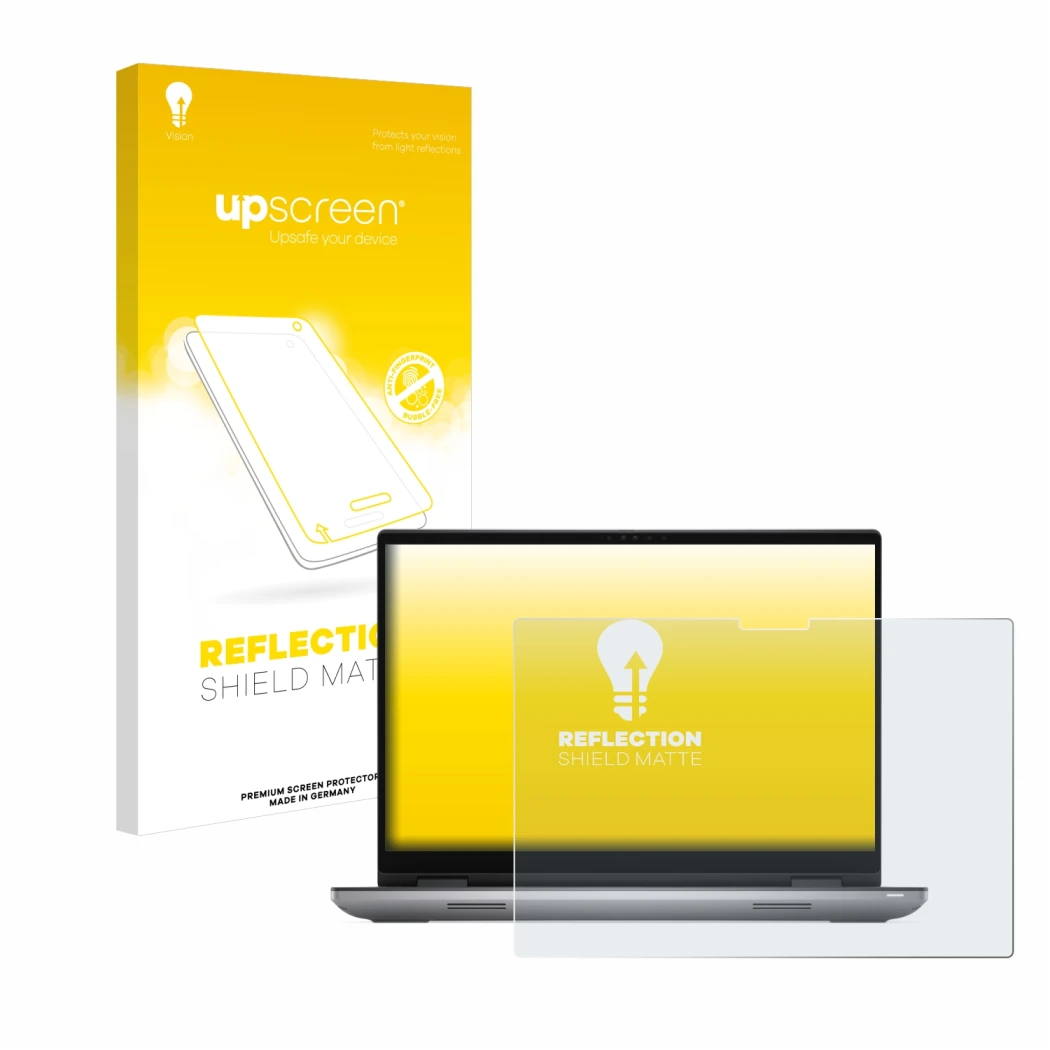 Parte frontal de un envase de producto con el logotipo de la marca upscreen. Al lado se muestra el dispositivo Dell Precision 