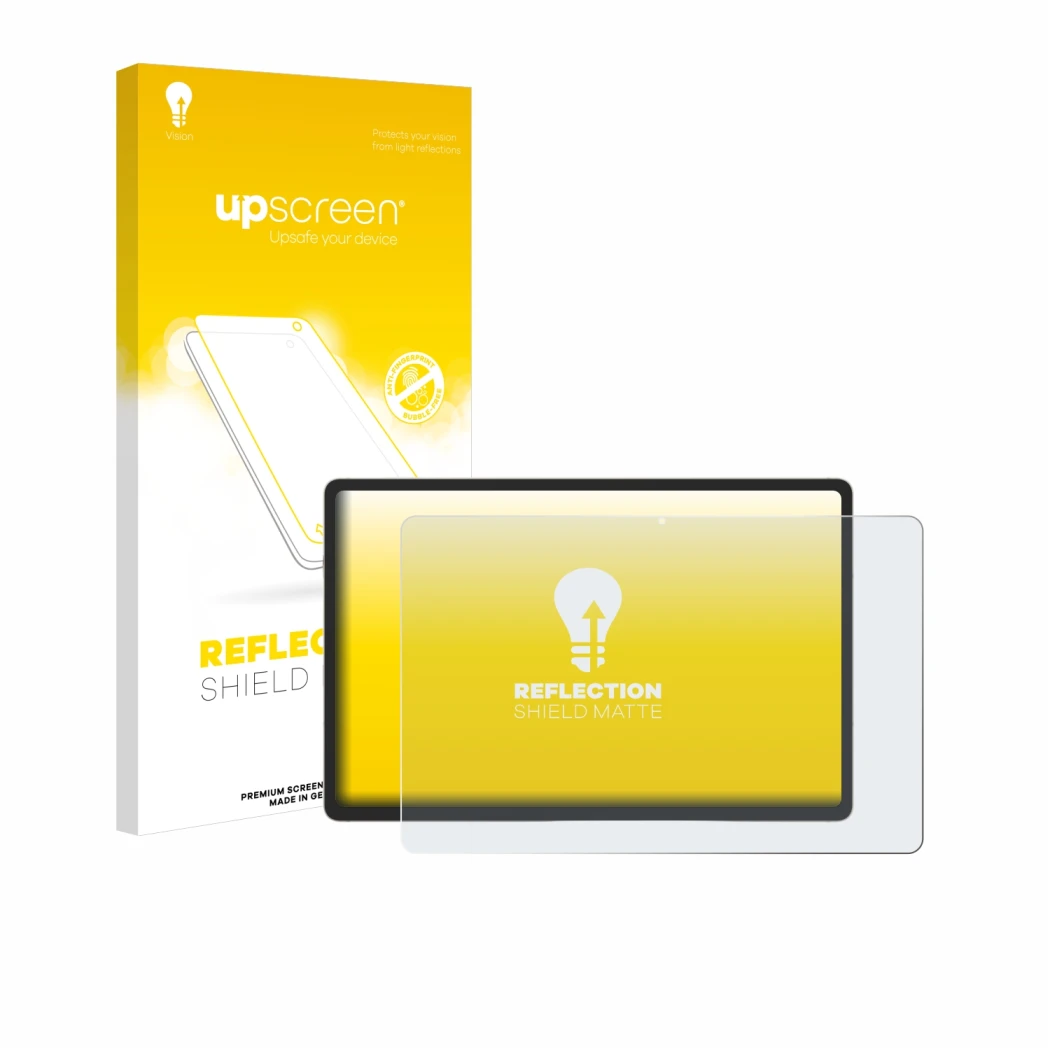Parte frontal de un envase de producto con el logotipo de la marca upscreen. Al lado se muestra el dispositivo Samsung Galaxy