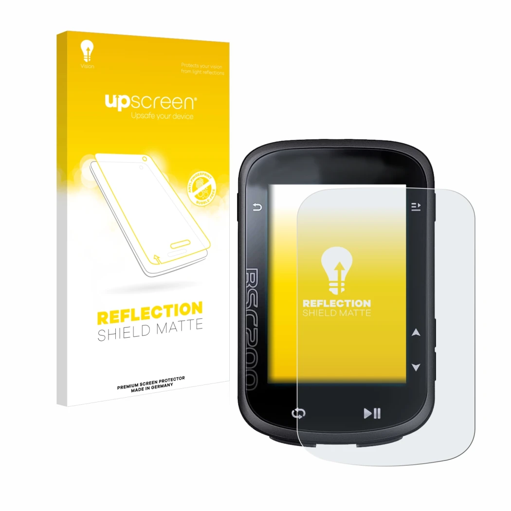 Parte frontal de un envase de producto con el logotipo de la marca upscreen. Al lado se muestra el dispositivo iGPSPORT BSC200