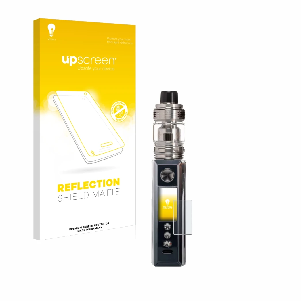 Parte frontal de un envase de producto con el logotipo de la marca upscreen. Al lado se muestra el dispositivo Voopoo Drag M10