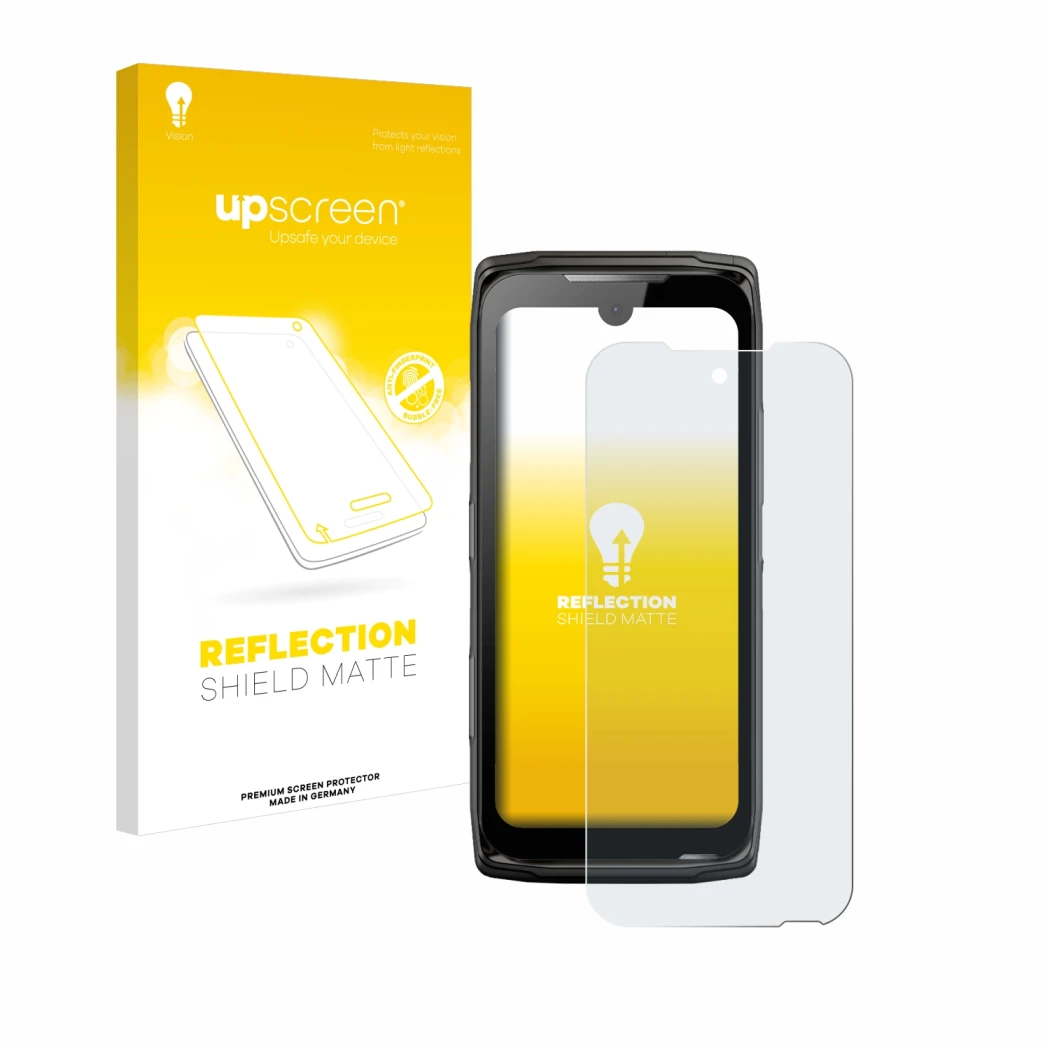 Parte frontal de un envase de producto con el logotipo de la marca upscreen. Al lado se muestra el dispositivo Crosscall Core-