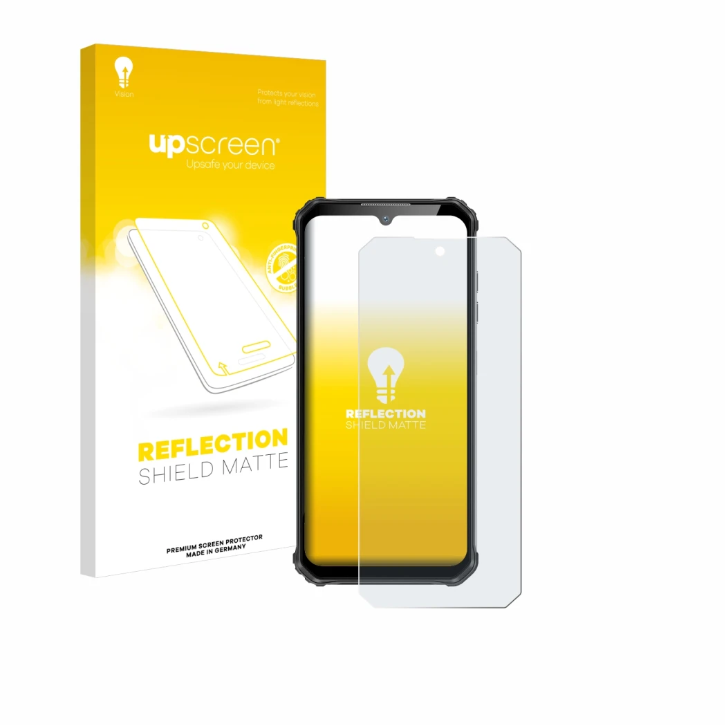 Parte frontal de un envase de producto con el logotipo de la marca upscreen. Al lado se muestra el dispositivo Oukitel WP22 co