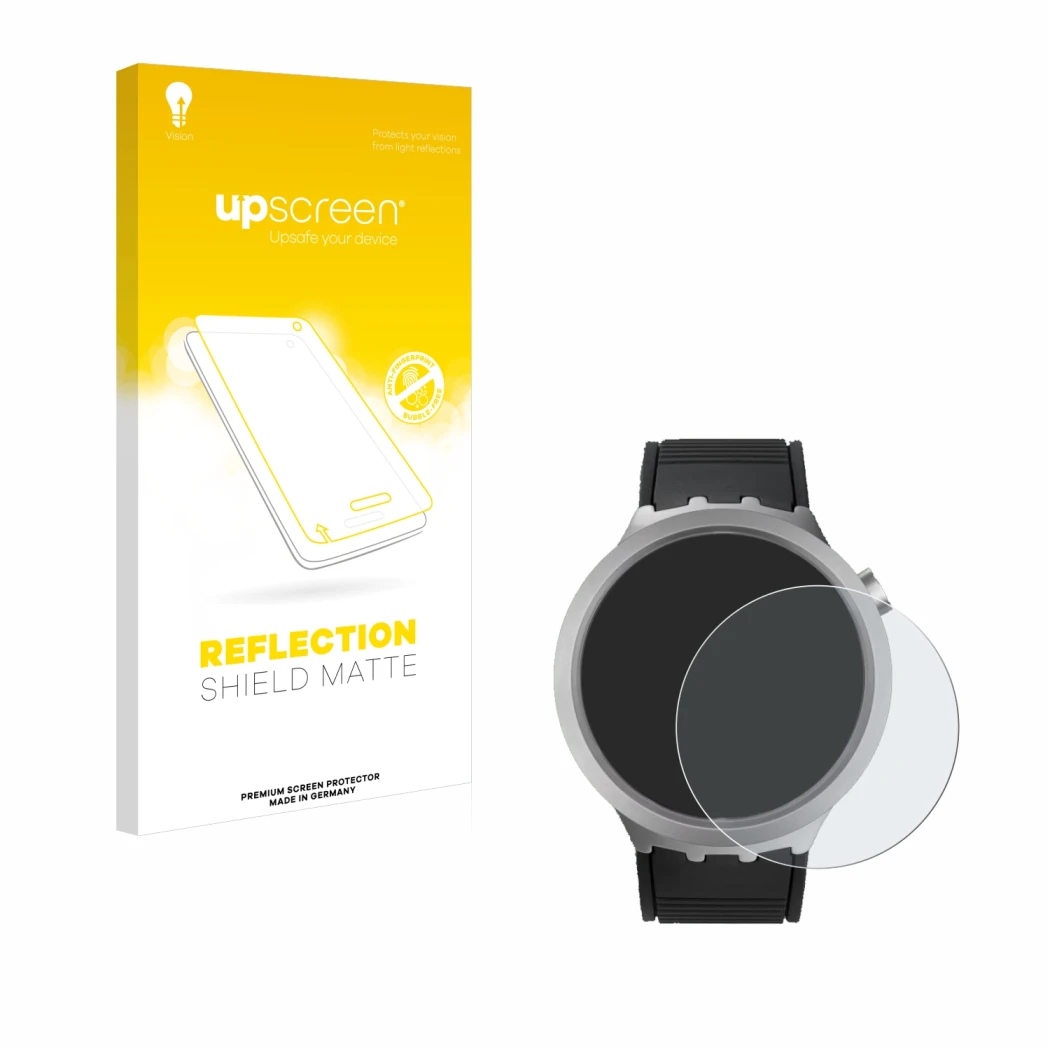 Parte frontal de un envase de producto con el logotipo de la marca upscreen. Al lado se muestra el dispositivo Swatch Big Bold