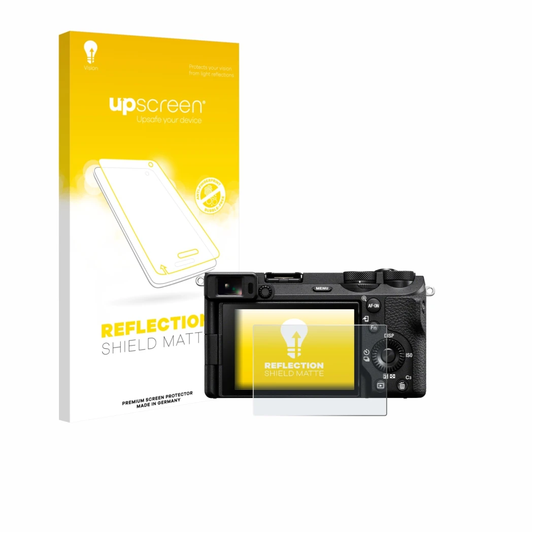 Parte frontal de un envase de producto con el logotipo de la marca upscreen. Al lado se muestra el dispositivo Sony Alpha 6700