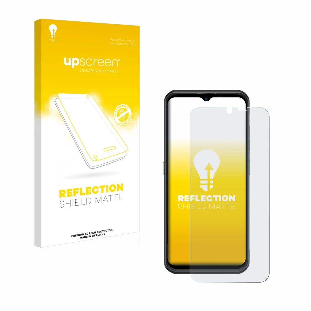 Parte frontal de un envase de producto con el logotipo de la marca upscreen. Al lado se muestra el dispositivo Ulefone Armor 1