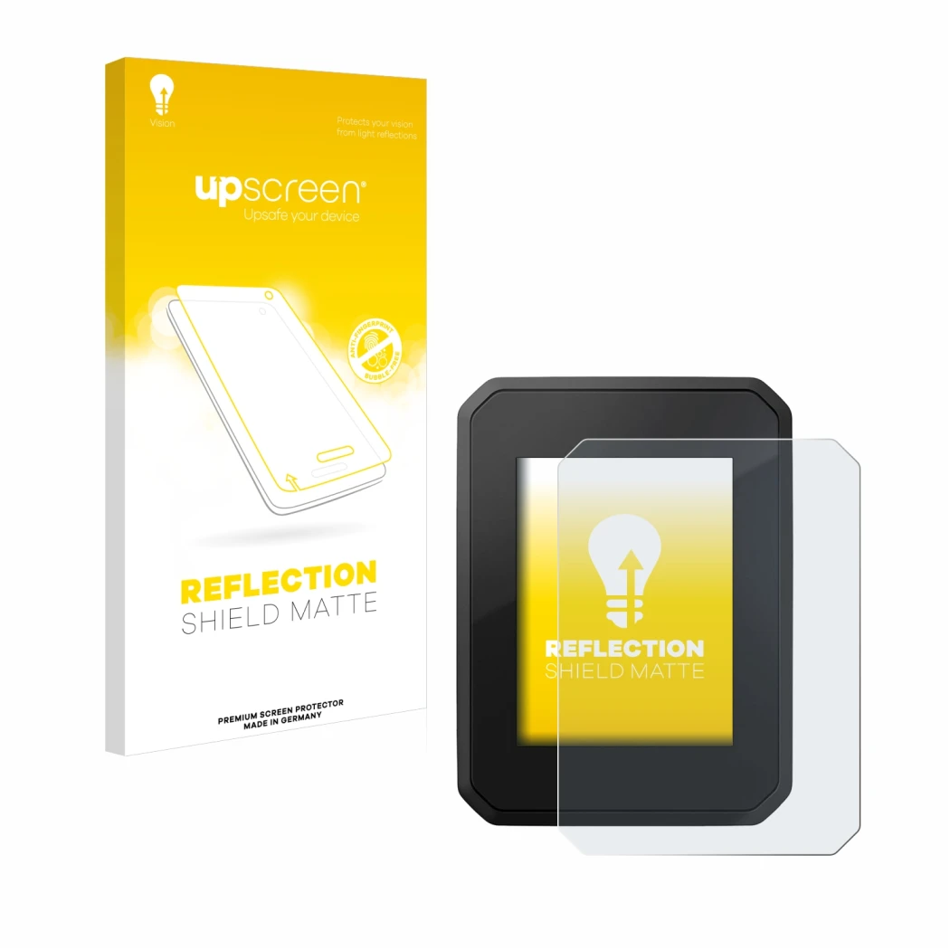 Parte frontal de un envase de producto con el logotipo de la marca upscreen. Al lado se muestra el dispositivo FIT Display Com
