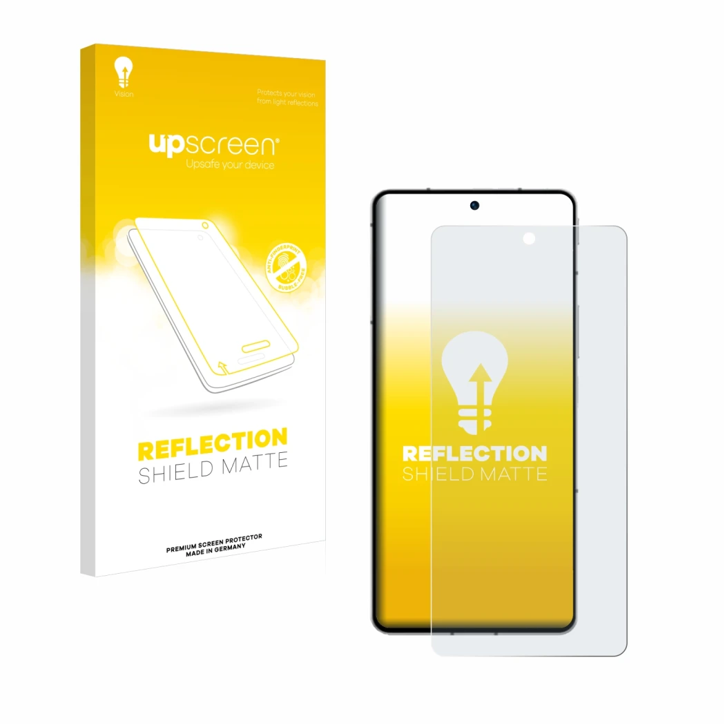Parte frontal de un envase de producto con el logotipo de la marca upscreen. Al lado se muestra el dispositivo ZTE Nubia Z50S