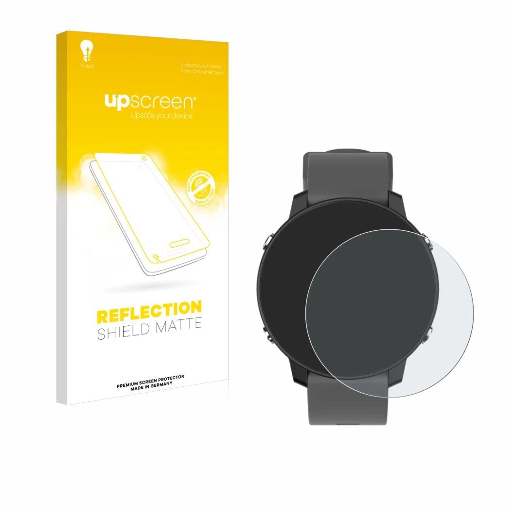 Parte frontal de un envase de producto con el logotipo de la marca upscreen. Al lado se muestra el dispositivo Shot Scope G5 G
