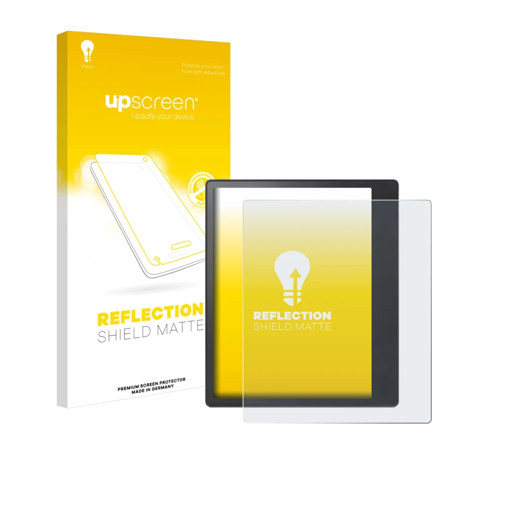 Parte frontal de un envase de producto con el logotipo de la marca upscreen. Al lado se muestra el dispositivo Kobo Elipsa 2E