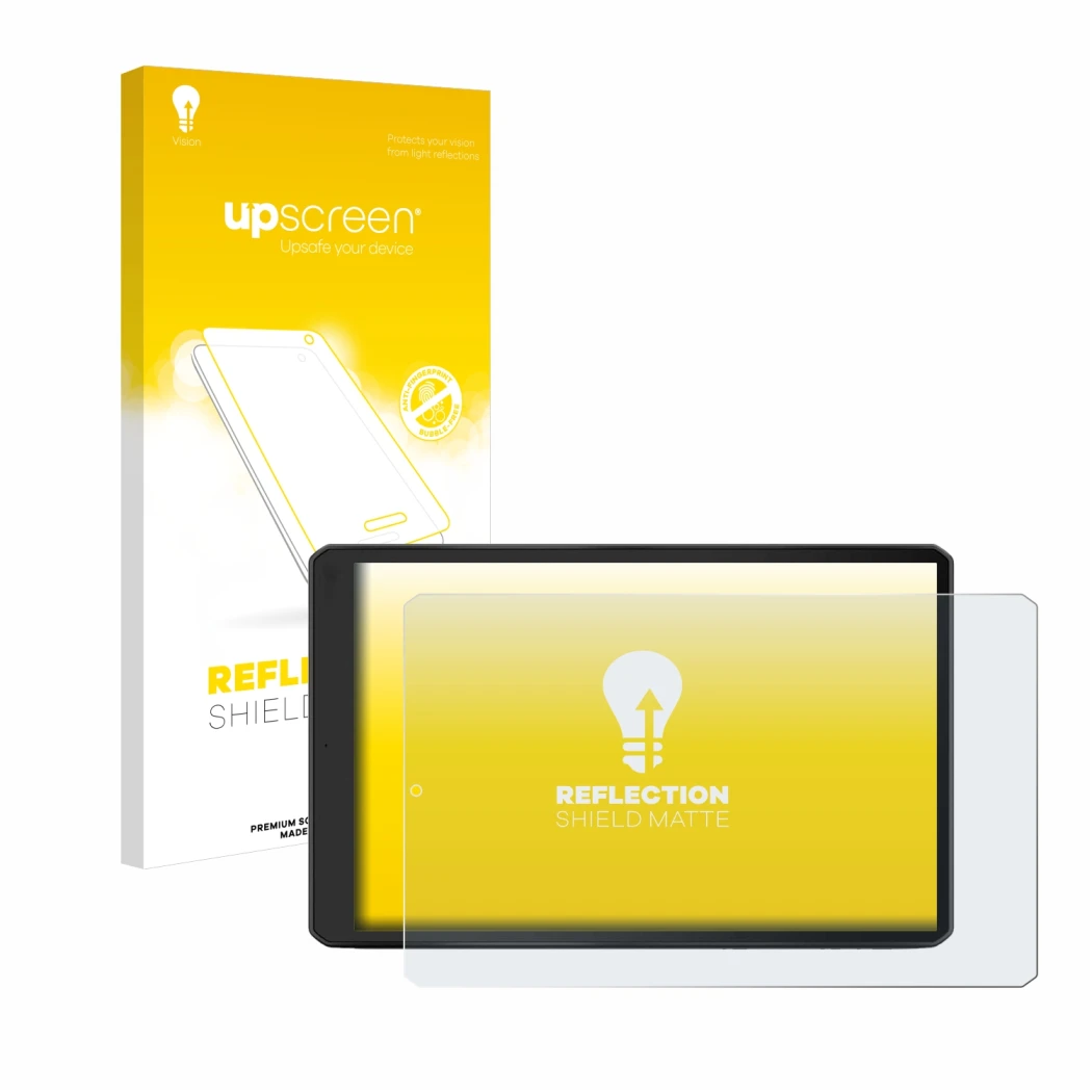 Parte frontal de un envase de producto con el logotipo de la marca upscreen. Al lado se muestra el dispositivo Garmin Camper 1