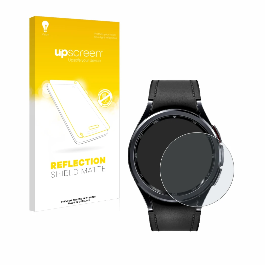 Parte frontal de un envase de producto con el logotipo de la marca upscreen. Al lado se muestra el dispositivo Samsung Galaxy 