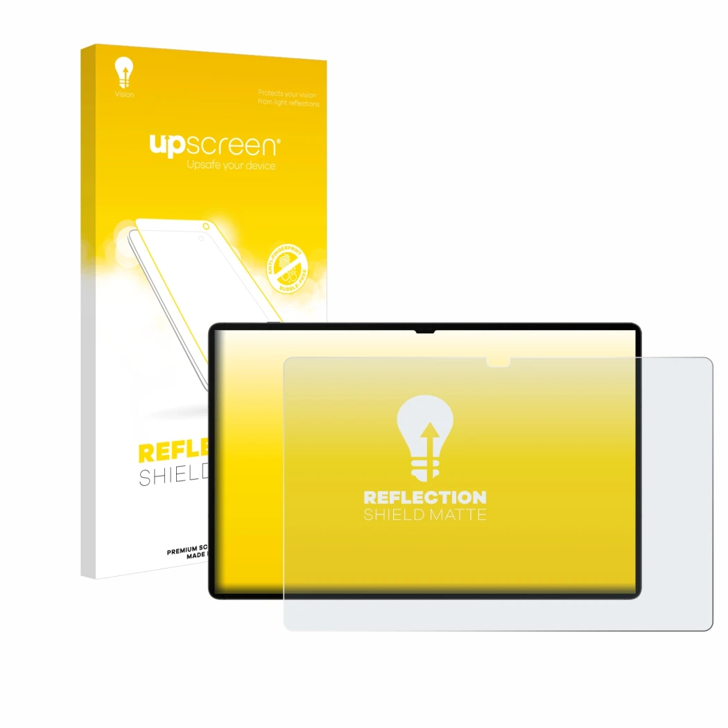 Parte frontal de un envase de producto con el logotipo de la marca upscreen. Al lado se muestra el dispositivo Samsung Galaxy