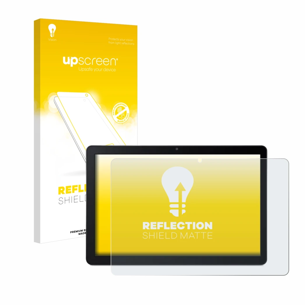 Parte frontal de un envase de producto con el logotipo de la marca upscreen. Al lado se muestra el dispositivo Acer Iconia Tab