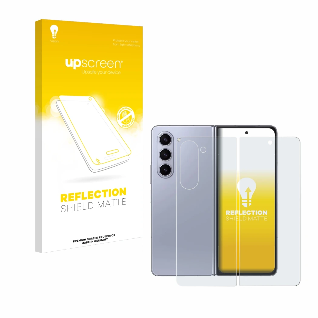 Parte frontal de un envase de producto con el logotipo de la marca upscreen. Al lado se muestra el dispositivo Samsung Galaxy