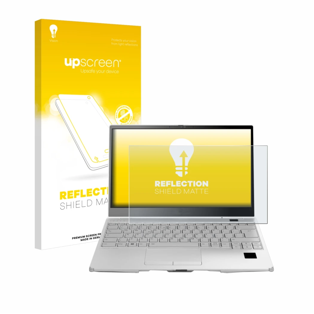 Parte frontal de un envase de producto con el logotipo de la marca upscreen. Al lado se muestra el dispositivo Fujitsu Lifeboo